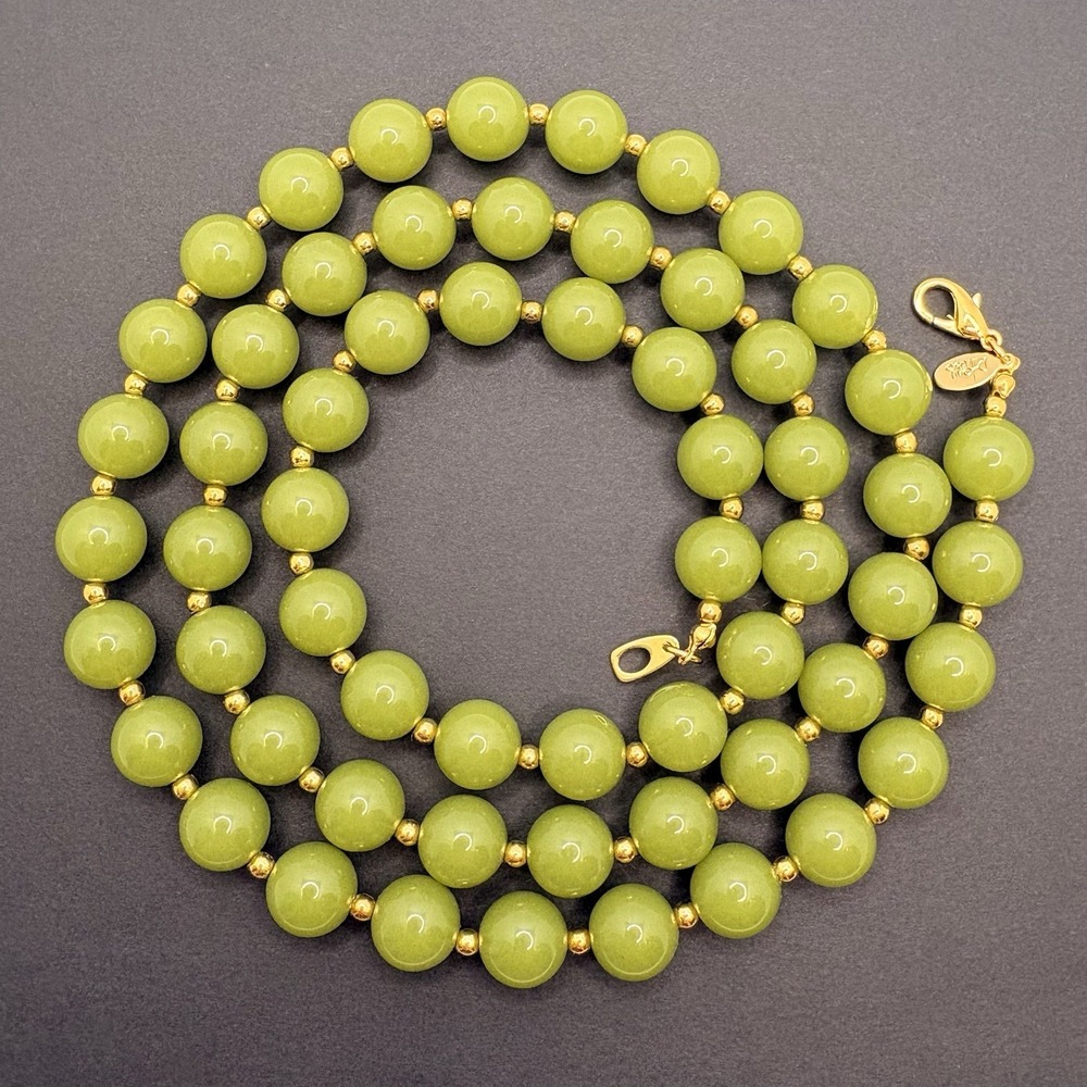 Vintage Joan Rivers Green Acrylic Lucite Necklace Round Beaded Gold Tone 35"